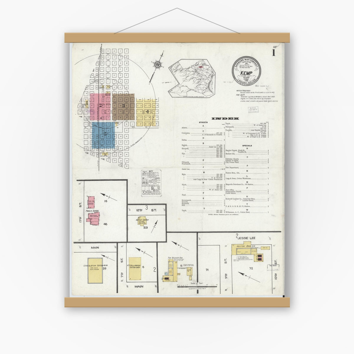 Old map wall art mockup — magnetic wood frame on white wall — Sanborn Fire Insurance Map from Kemp, Kaufman County, Texas (1921), Sheet #0001