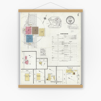 Old map wall art mockup — magnetic wood frame on white wall — Sanborn Fire Insurance Map from Kemp, Kaufman County, Texas (1921), Sheet #0001