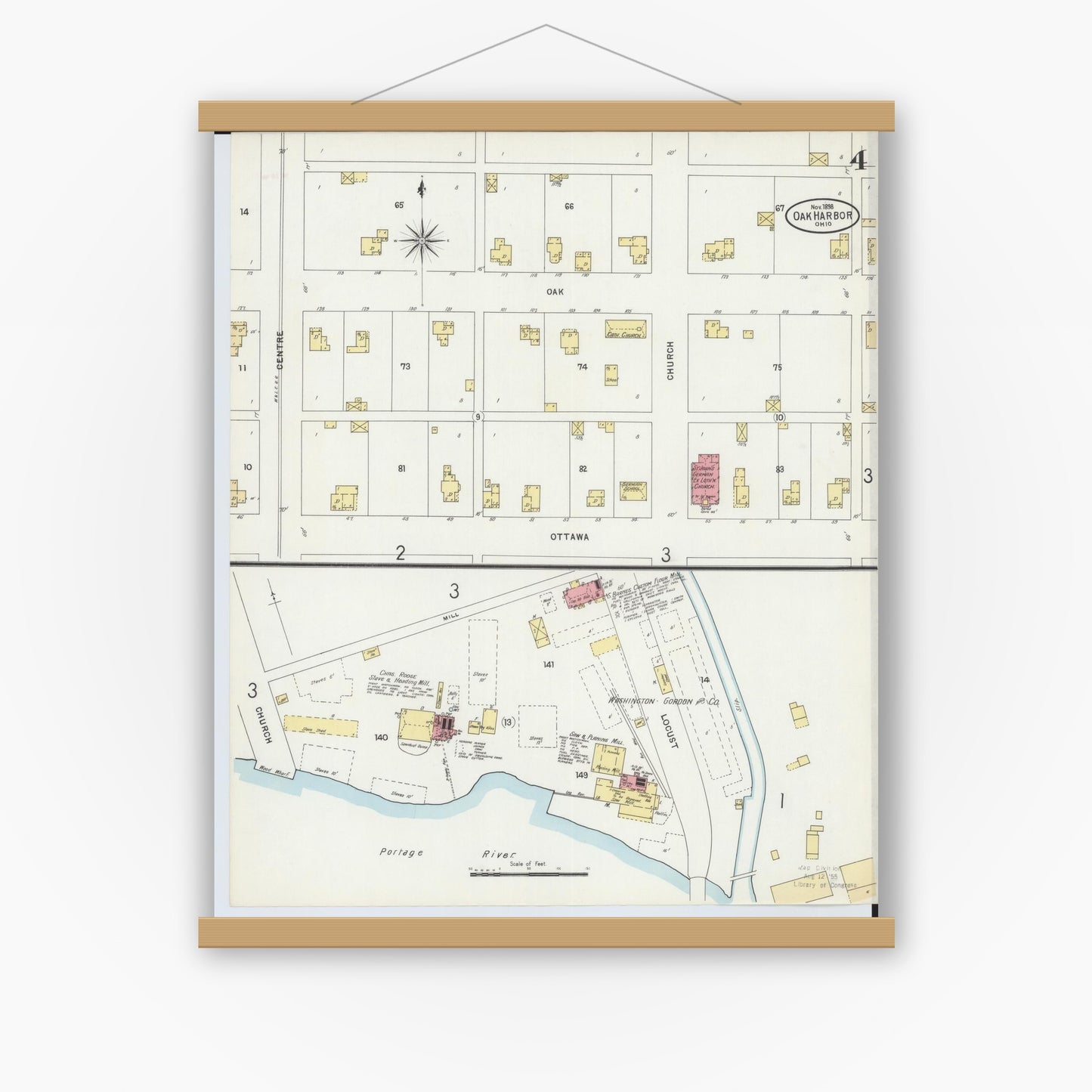 Old map wall art mockup — magnetic wood frame on white wall — Sanborn Fire Insurance Map from Oak Harbor, Ottawa County, Ohio (1898), Sheet #0004
