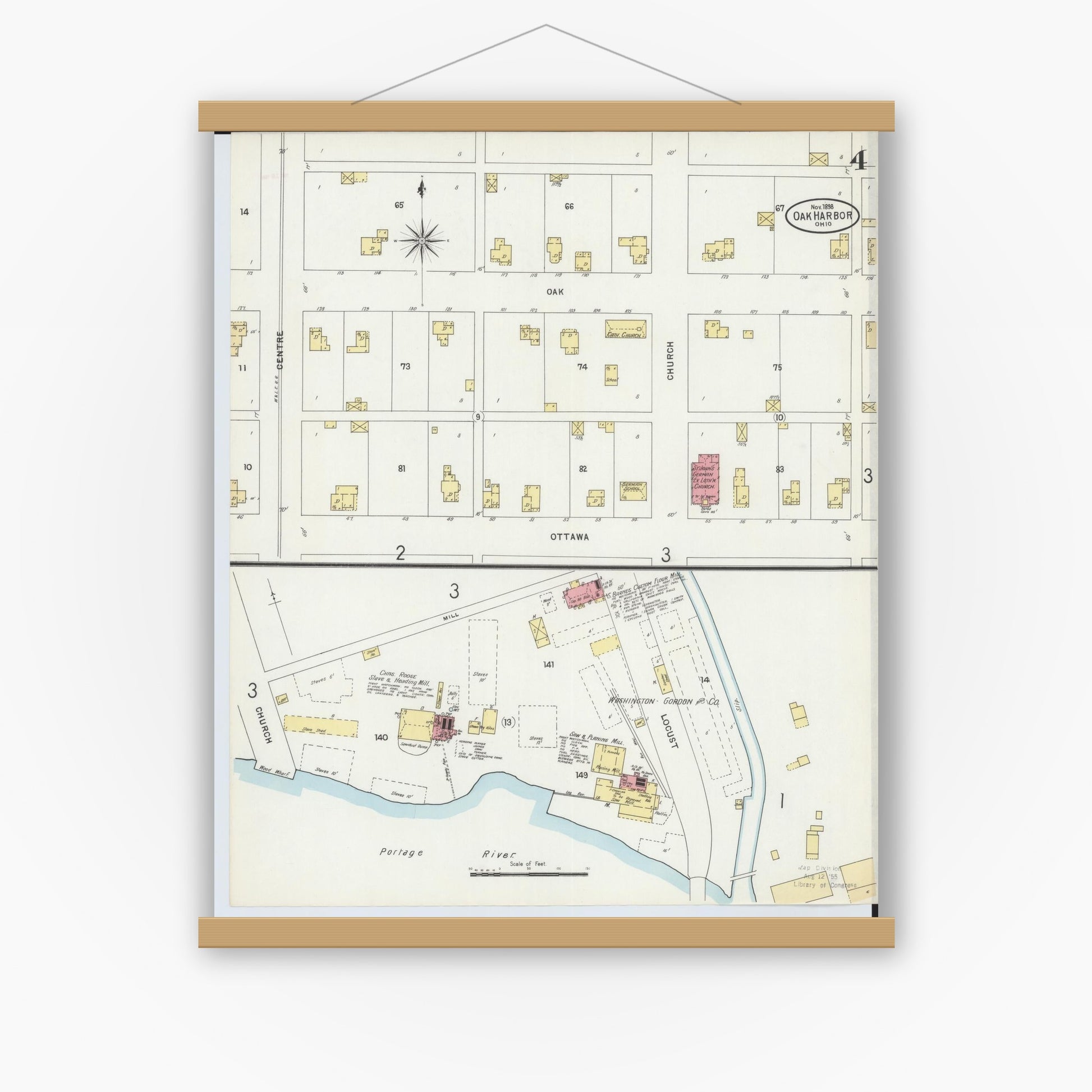Old map wall art mockup — magnetic wood frame on white wall — Sanborn Fire Insurance Map from Oak Harbor, Ottawa County, Ohio (1898), Sheet #0004