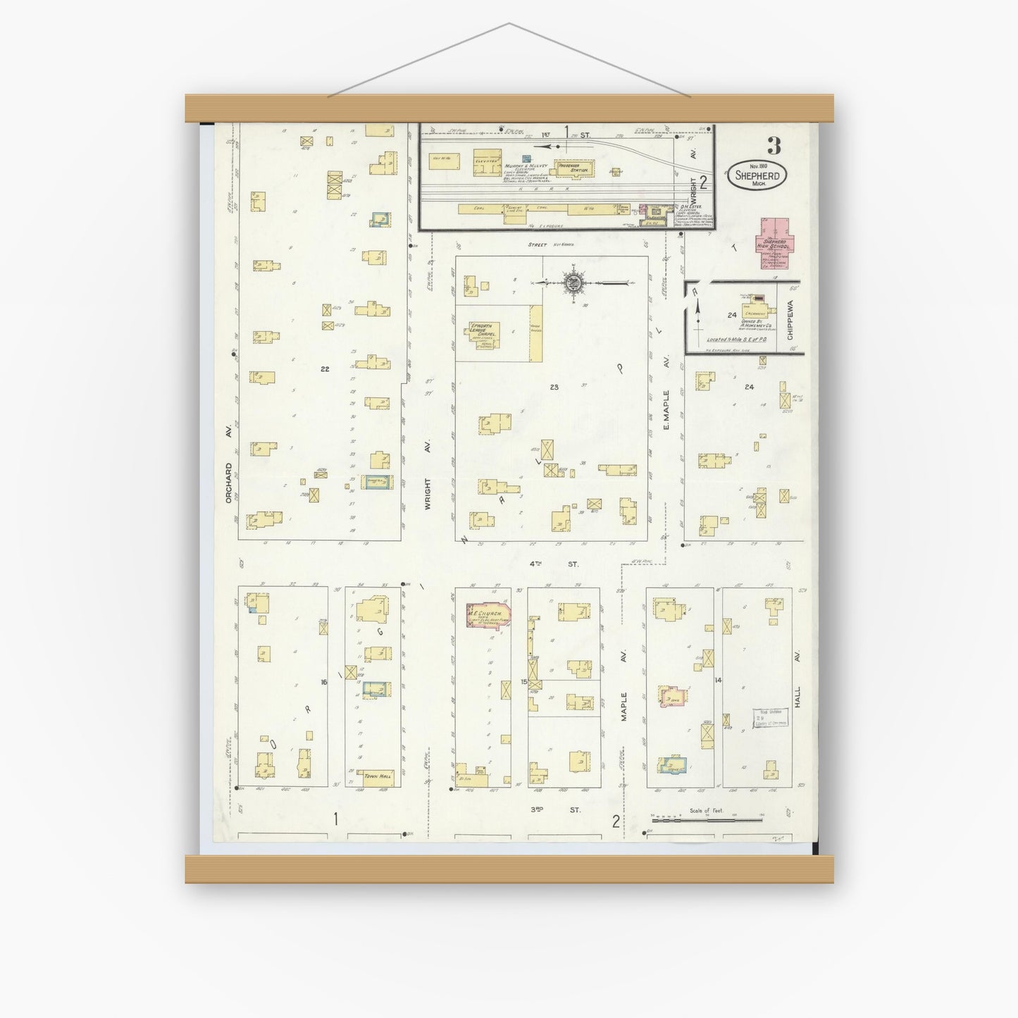 Old map wall art mockup — magnetic wood frame on white wall — Sanborn Fire Insurance Map from Shepherd, Isabella County, Michigan (1910), Sheet #0003