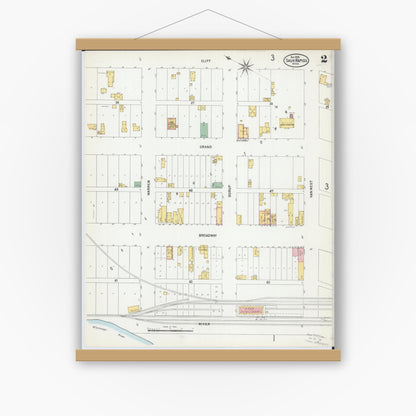 Old map wall art mockup — magnetic wood frame on white wall — Sanborn Fire Insurance Map from Sauk Rapids, Benton County, Minnesota (1899), Sheet #0002