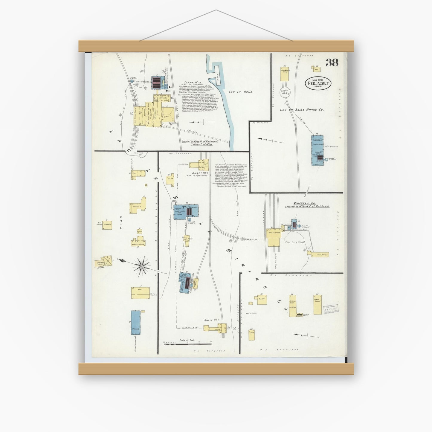 Old map wall art mockup — magnetic wood frame on white wall — Sanborn Fire Insurance Map from Red Jacket, Houghton County, Michigan (1908), Sheet #0038