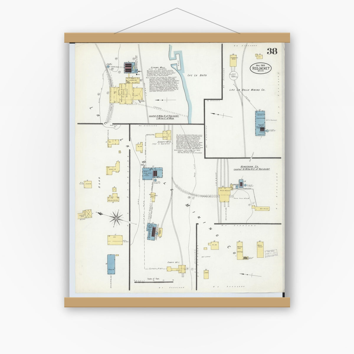 Old map wall art mockup — magnetic wood frame on white wall — Sanborn Fire Insurance Map from Red Jacket, Houghton County, Michigan (1908), Sheet #0038