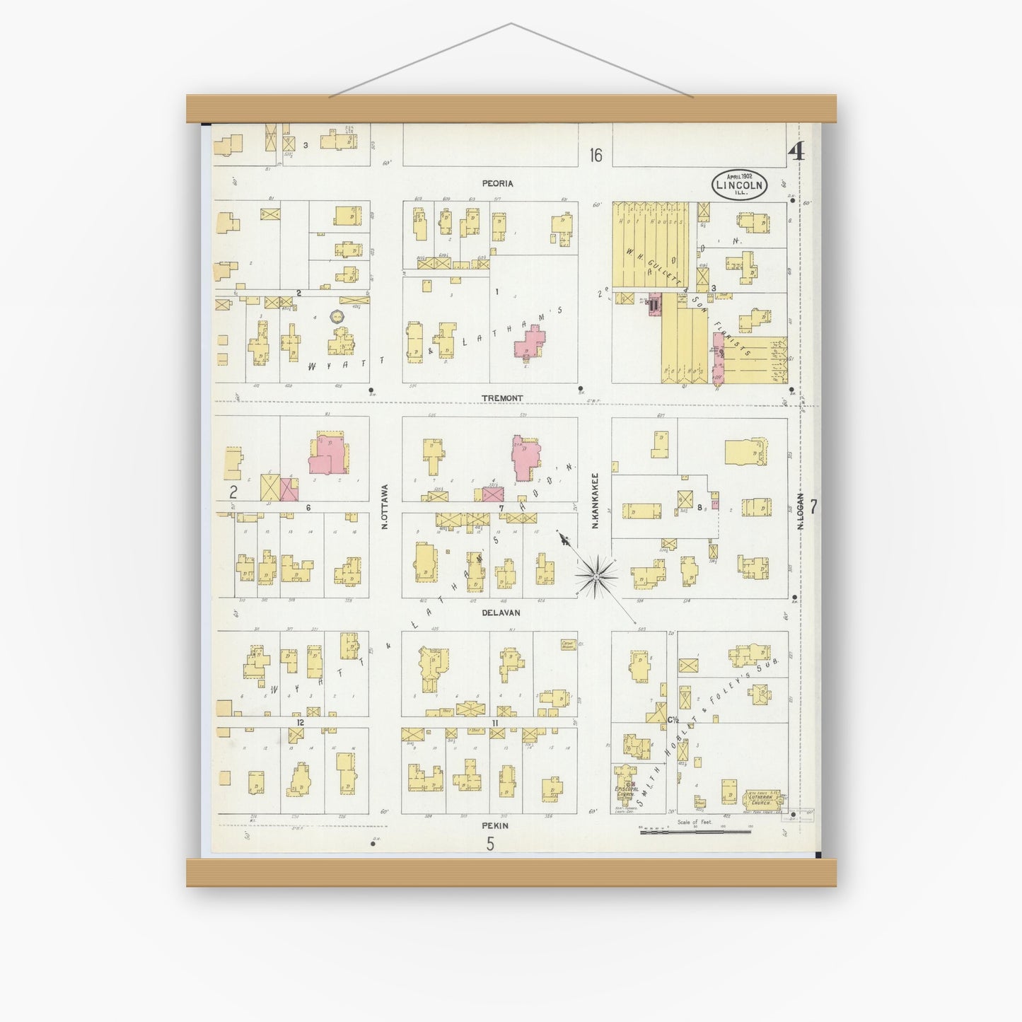 Old map wall art mockup — magnetic wood frame on white wall — Sanborn Fire Insurance Map from Lincoln, Logan County, Illinois (1902), Sheet #0004
