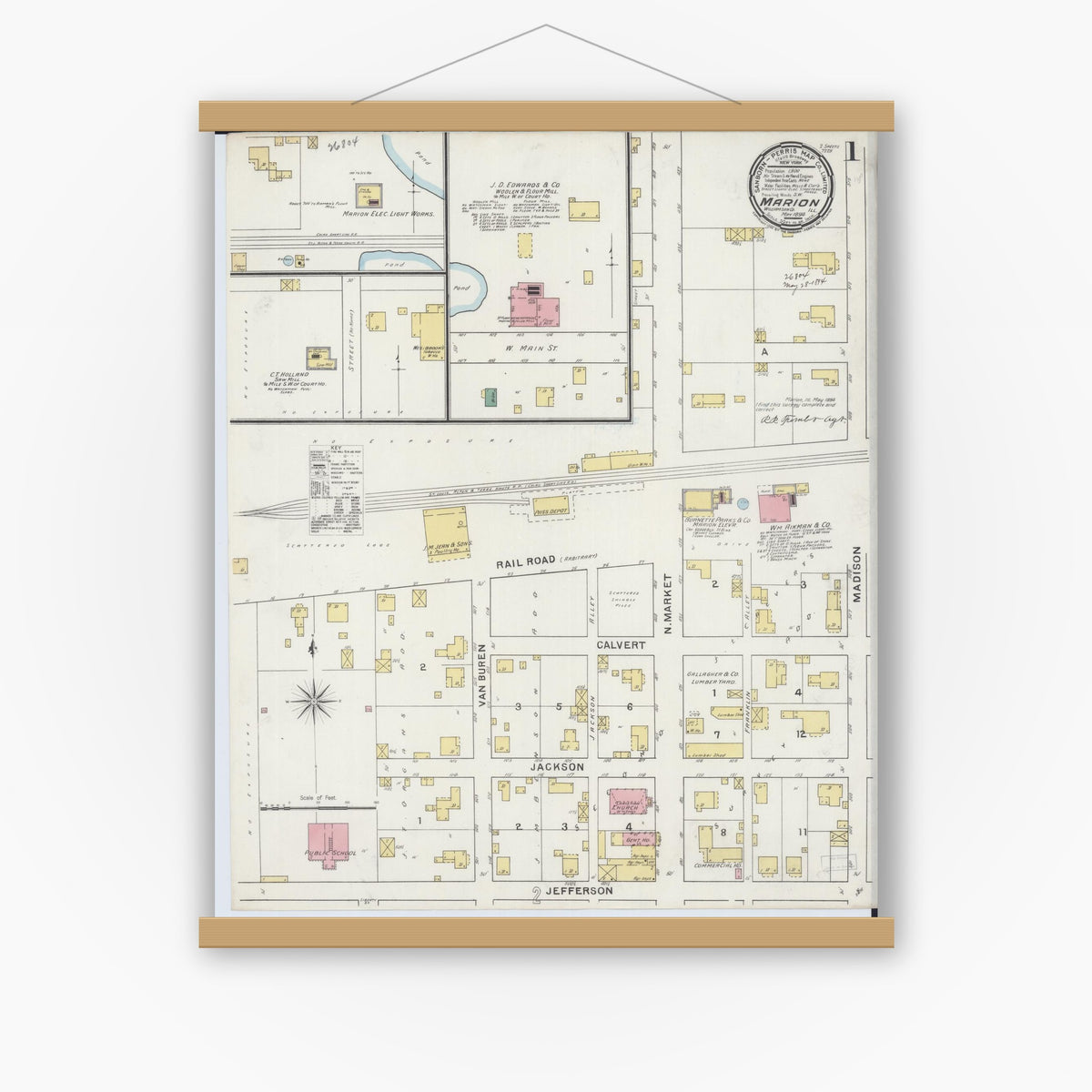 Old map wall art mockup — magnetic wood frame on white wall — Sanborn Fire Insurance Map from Marion, Williamson County, Illinois (1894) - Complete Map Set