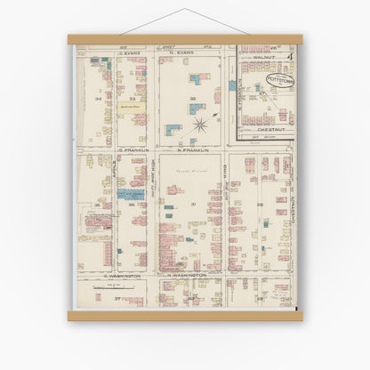 Old map wall art mockup — magnetic wood frame on white wall — Sanborn Fire Insurance Map from Pottstown, Montgomery County, Pennsylvania (1885), Sheet #0004