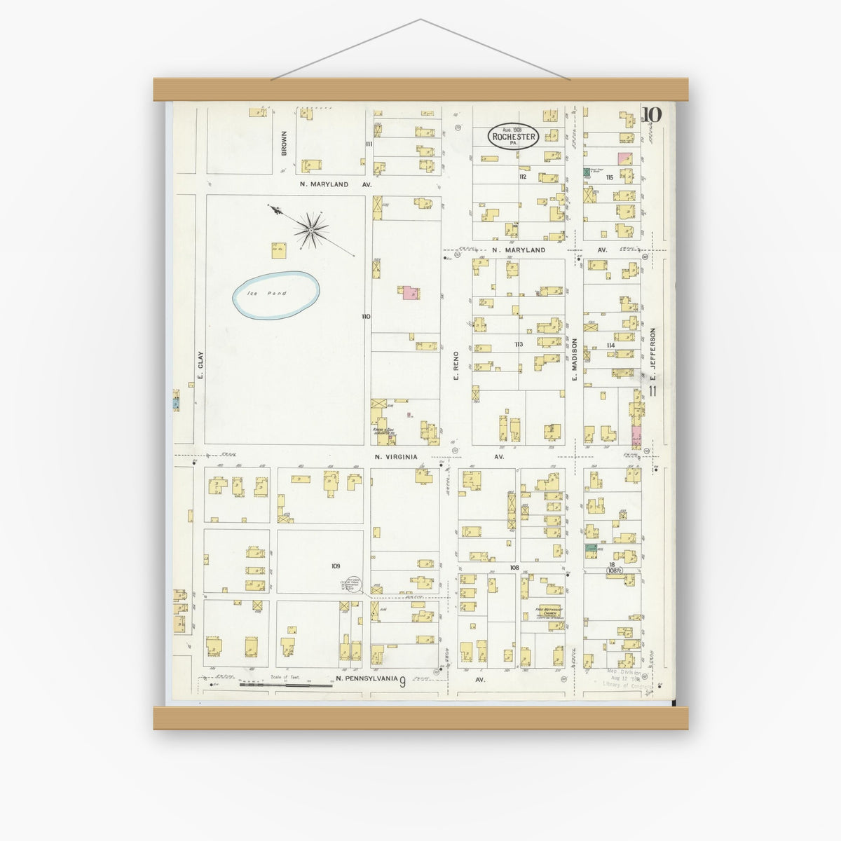 Old map wall art mockup — magnetic wood frame on white wall — Sanborn Fire Insurance Map from Rochester, Beaver County, Pennsylvania (1908), Sheet #0010