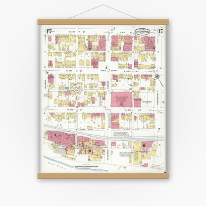 Old map wall art mockup — magnetic wood frame on white wall — Sanborn Fire Insurance Map from East Liverpool, Columbiana County, Ohio (1923), Sheet #0017