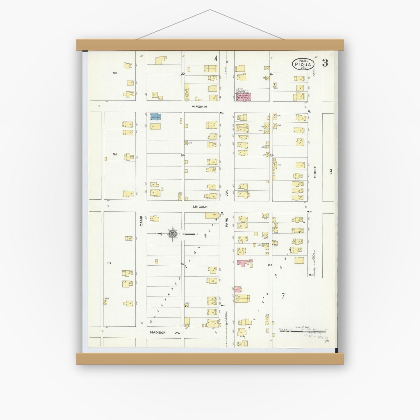 Old map wall art mockup — magnetic wood frame on white wall — Sanborn Fire Insurance Map from Piqua, Miami County, Ohio (1911), Sheet #0003