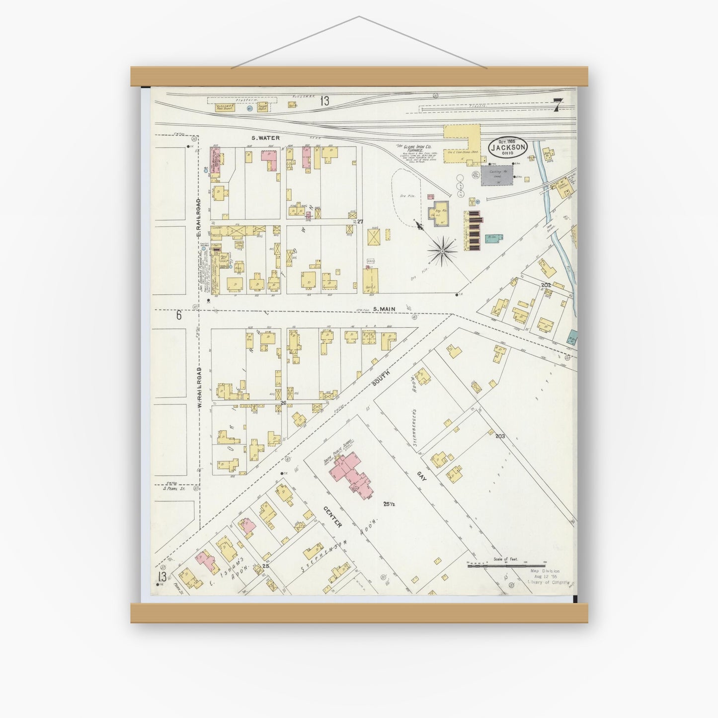 Old map wall art mockup — magnetic wood frame on white wall — Sanborn Fire Insurance Map from Jackson, Jackson County, Ohio (1905), Sheet #0007