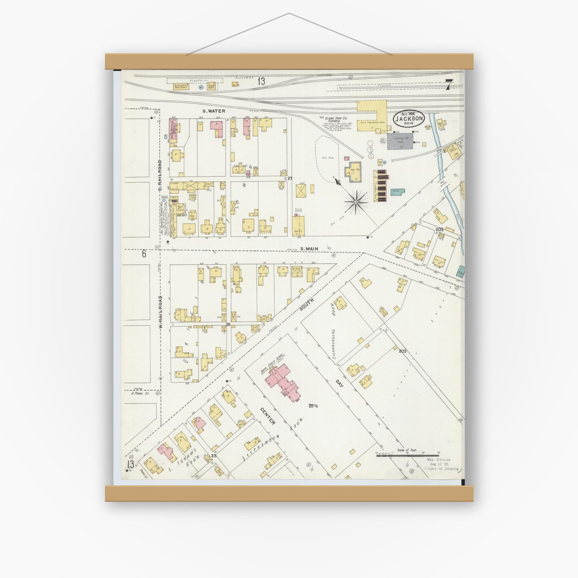 Old map wall art mockup — magnetic wood frame on white wall — Sanborn Fire Insurance Map from Jackson, Jackson County, Ohio (1905), Sheet #0007