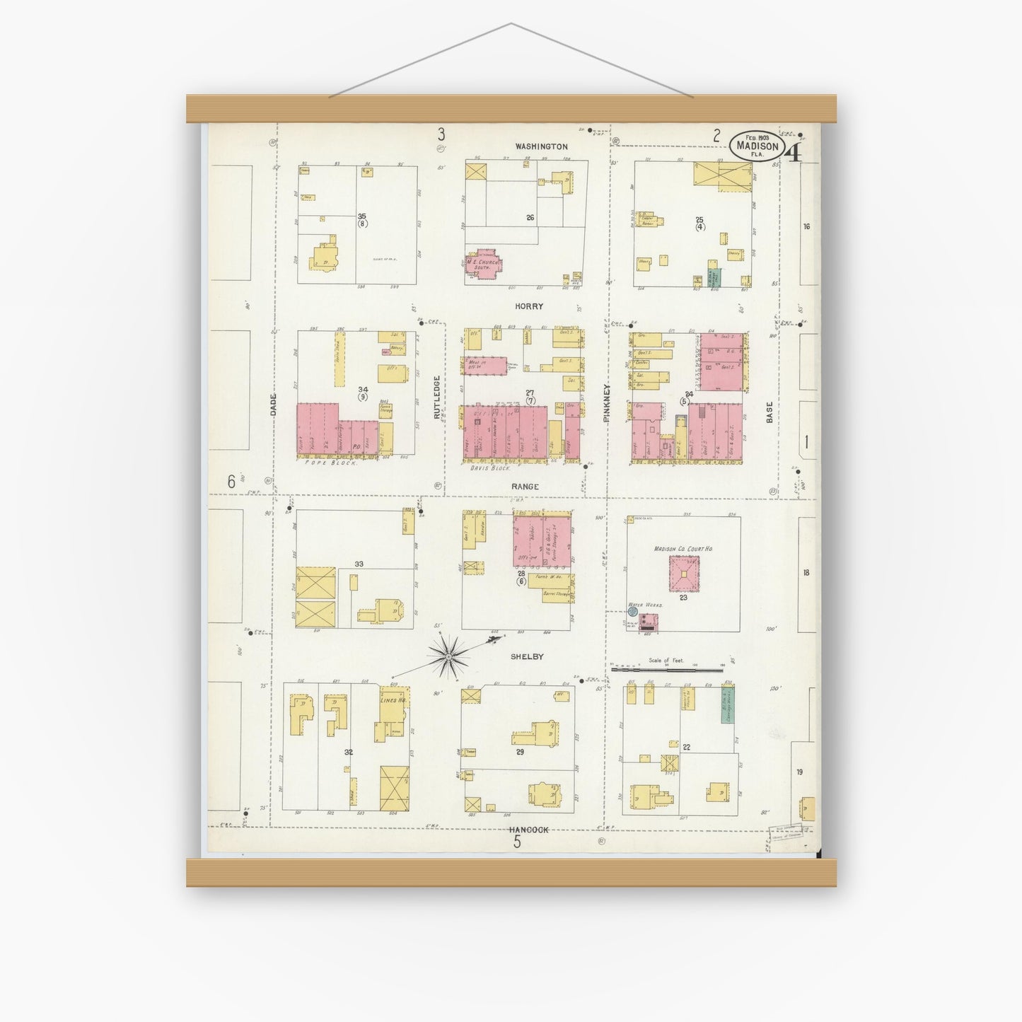 Old map wall art mockup — magnetic wood frame on white wall — Sanborn Fire Insurance Map from Madison, Madison County, Florida (1903), Sheet #0004