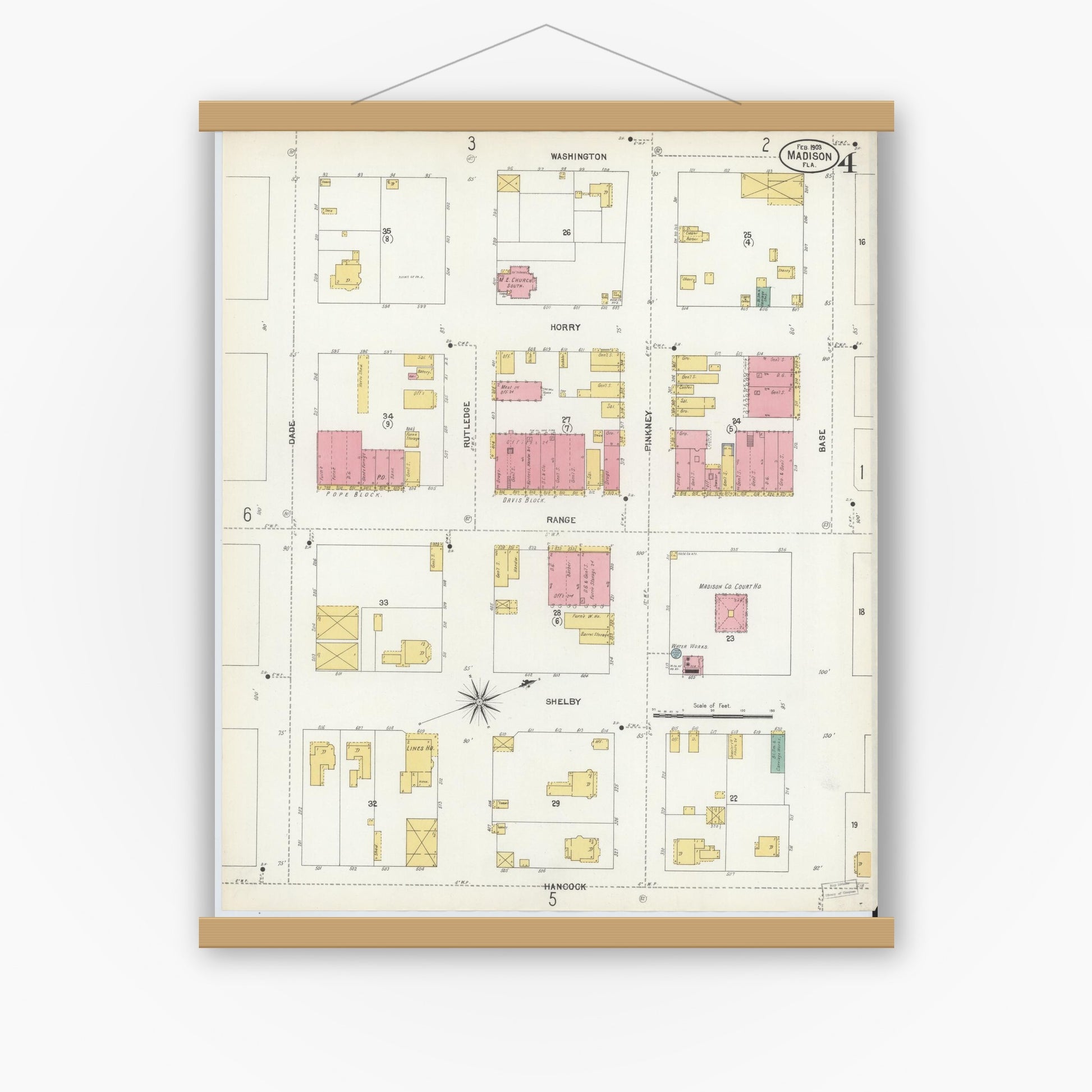 Old map wall art mockup — magnetic wood frame on white wall — Sanborn Fire Insurance Map from Madison, Madison County, Florida (1903), Sheet #0004