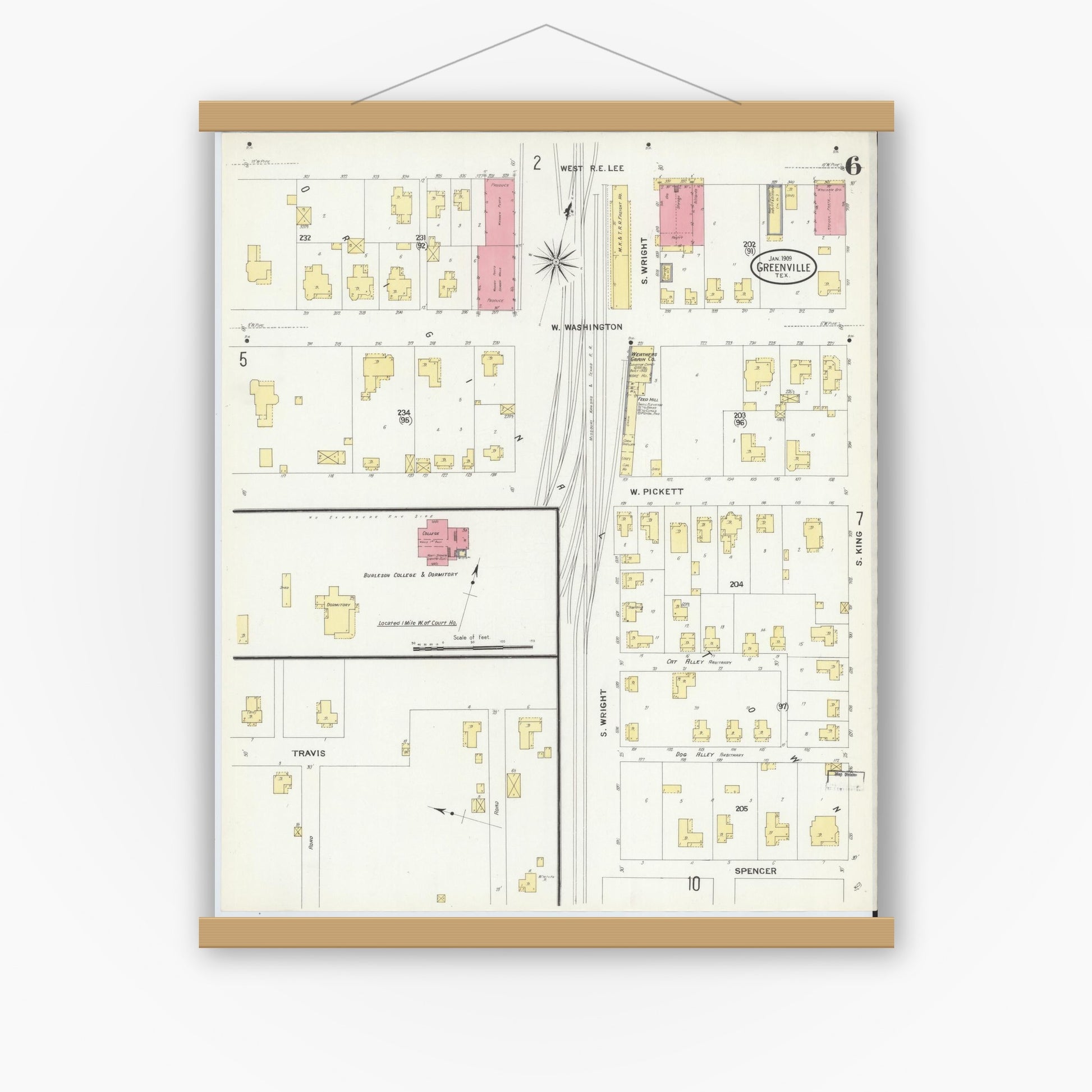 Old map wall art mockup — magnetic wood frame on white wall — Sanborn Fire Insurance Map from Greenville, Hunt County, Texas (1909), Sheet #0006