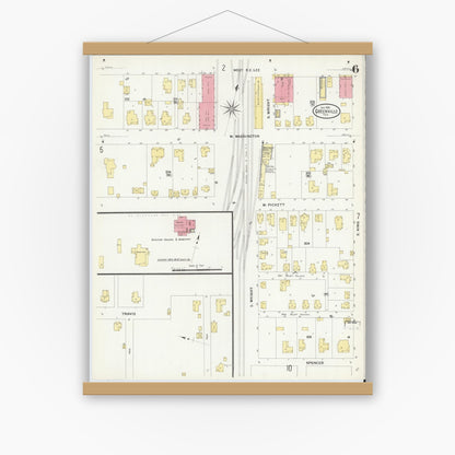 Old map wall art mockup — magnetic wood frame on white wall — Sanborn Fire Insurance Map from Greenville, Hunt County, Texas (1909), Sheet #0006