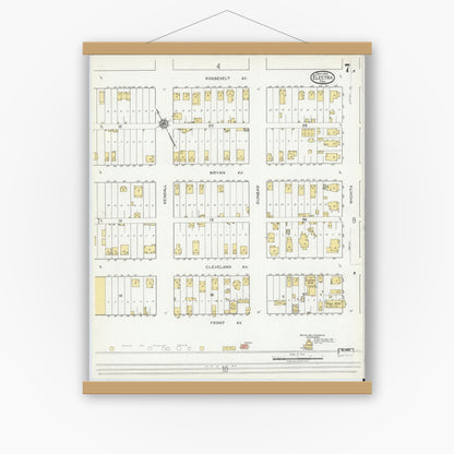 Old map wall art mockup — magnetic wood frame on white wall — Sanborn Fire Insurance Map from Electra, Wichita County, Texas (1919), Sheet #0007