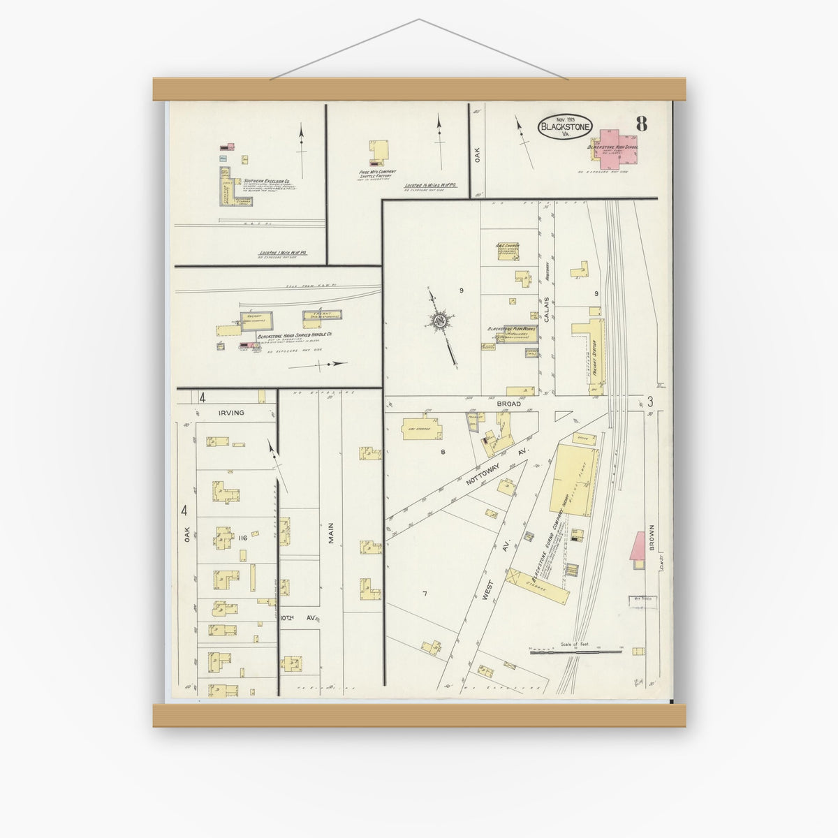 Old map wall art mockup — magnetic wood frame on white wall — Sanborn Fire Insurance Map from Blackstone, Nottoway County, Virginia (1913), Sheet #0008