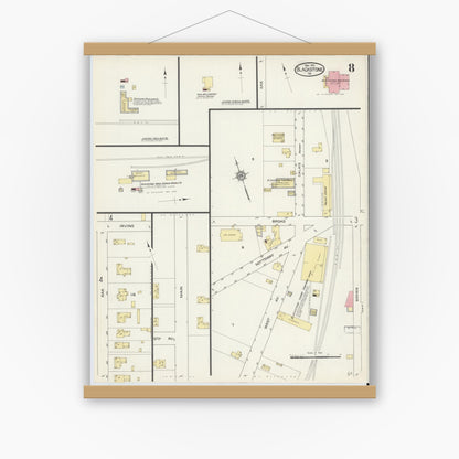 Old map wall art mockup — magnetic wood frame on white wall — Sanborn Fire Insurance Map from Blackstone, Nottoway County, Virginia (1913), Sheet #0008