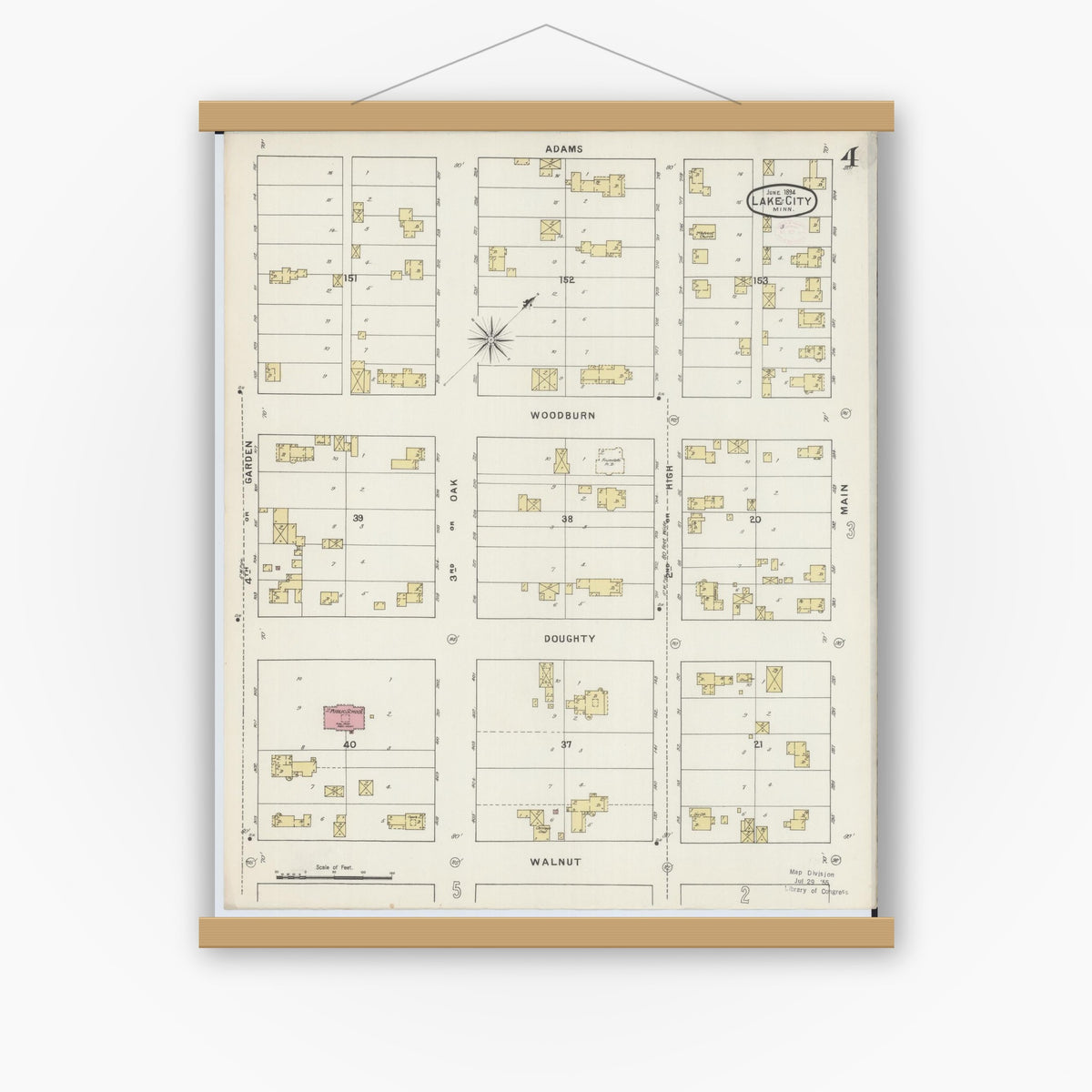 Old map wall art mockup — magnetic wood frame on white wall — Sanborn Fire Insurance Map from Lake City, Wabasha County, Minnesota (1894), Sheet #0004