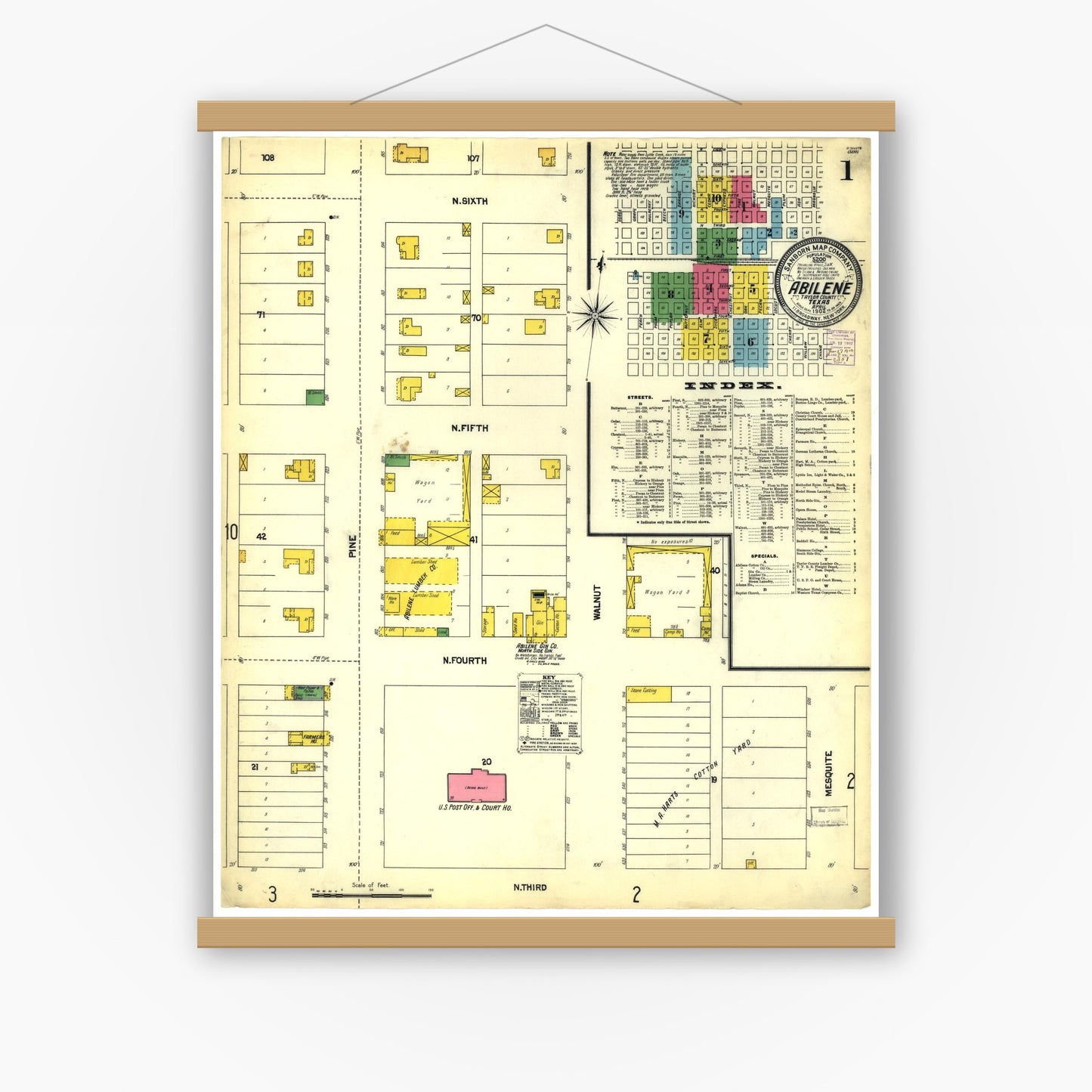 Old map wall art mockup — magnetic wood frame on white wall — Sanborn Fire Insurance Map from Abilene, Taylor County, Texas (1902), Sheet #0001
