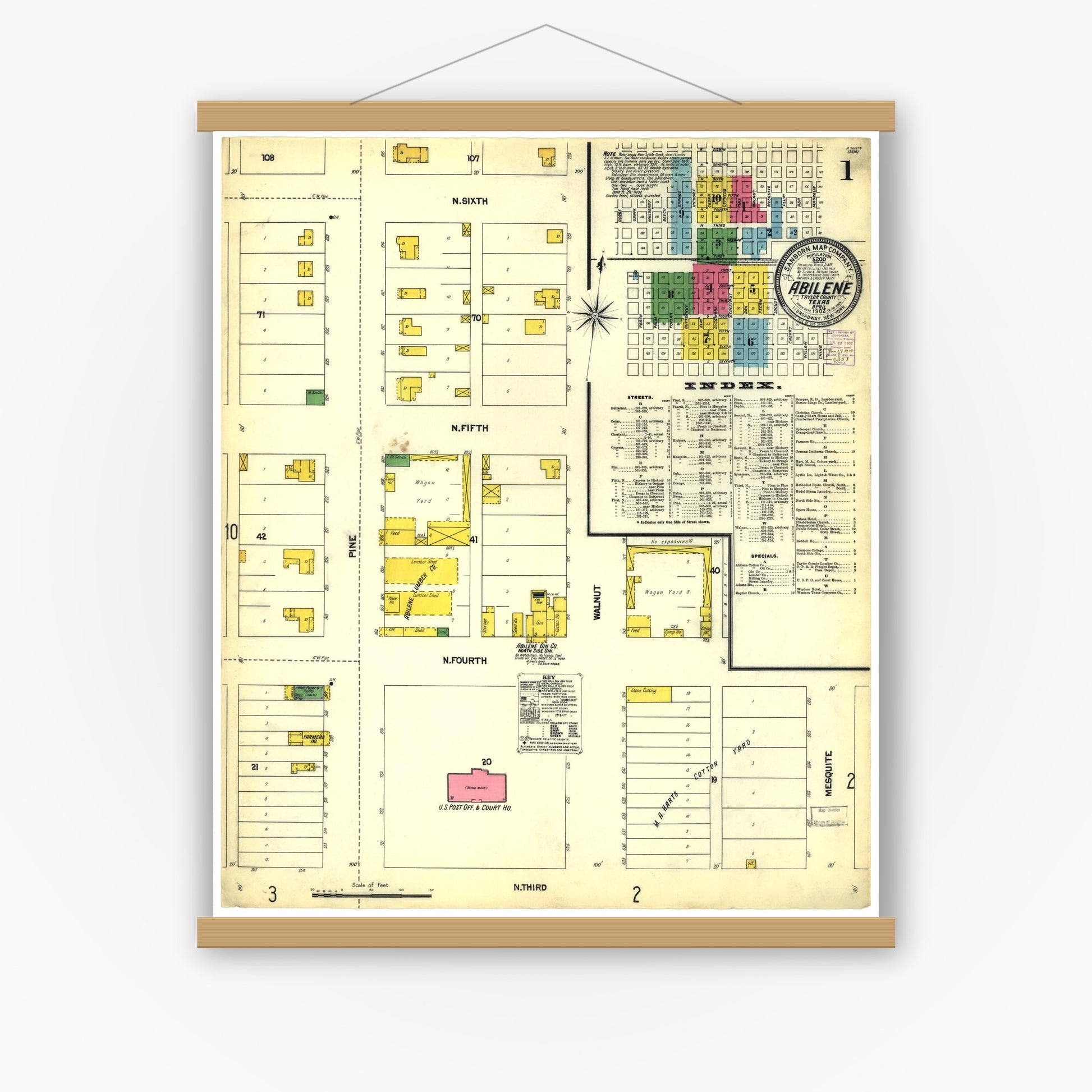 Old map wall art mockup — magnetic wood frame on white wall — Sanborn Fire Insurance Map from Abilene, Taylor County, Texas (1902), Sheet #0001