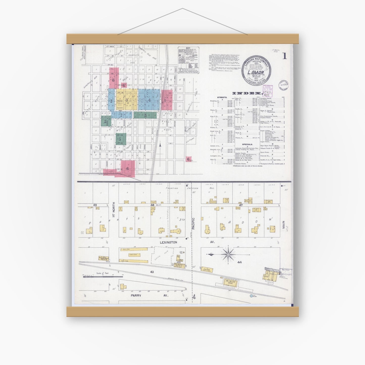 Old map wall art mockup — magnetic wood frame on white wall — Sanborn Fire Insurance Map from Lamar, Barton County, Missouri (1902) - Complete Map Set