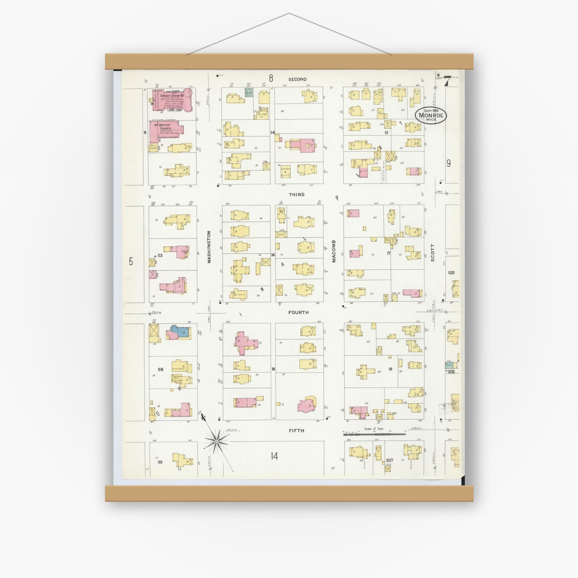 Old map wall art mockup — magnetic wood frame on white wall — Sanborn Fire Insurance Map from Monroe, Monroe County, Michigan (1908), Sheet #0007