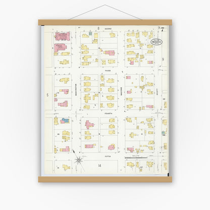 Old map wall art mockup — magnetic wood frame on white wall — Sanborn Fire Insurance Map from Monroe, Monroe County, Michigan (1908), Sheet #0007