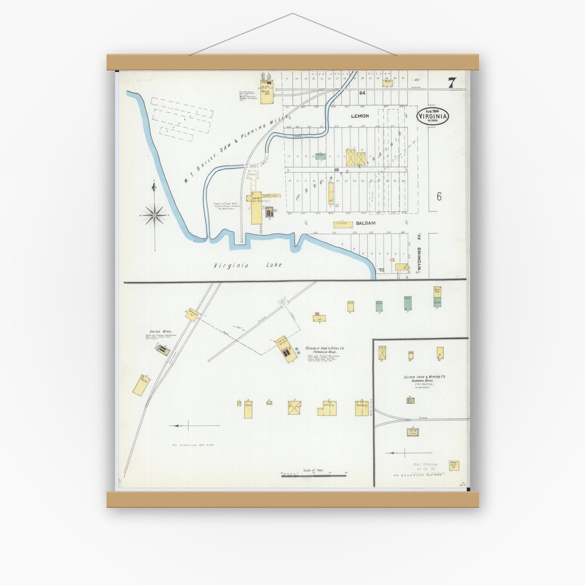 Old map wall art mockup — magnetic wood frame on white wall — Sanborn Fire Insurance Map from Virginia, Saint Louis County, Minnesota (1904), Sheet #0007