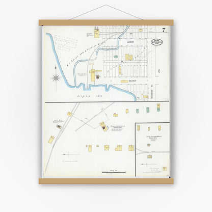 Old map wall art mockup — magnetic wood frame on white wall — Sanborn Fire Insurance Map from Virginia, Saint Louis County, Minnesota (1904), Sheet #0007