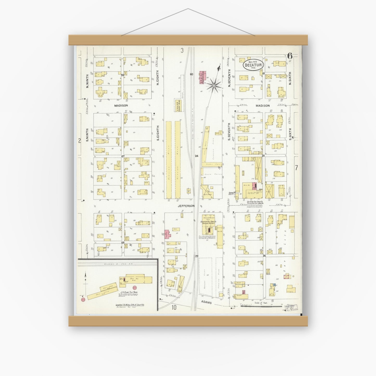 Old map wall art mockup — magnetic wood frame on white wall — Sanborn Fire Insurance Map from Decatur, Adams County, Indiana (1907), Sheet #0006