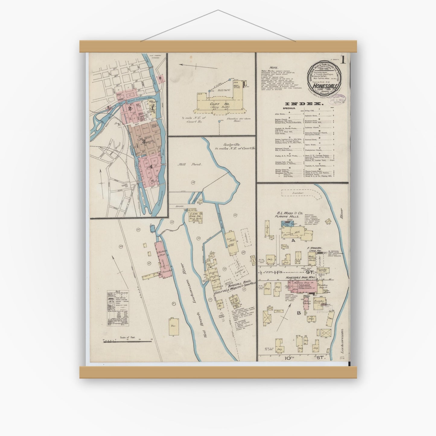 Old map wall art mockup — magnetic wood frame on white wall — Sanborn Fire Insurance Map from Honesdale, Wayne County, Pennsylvania (1885), Sheet #0001