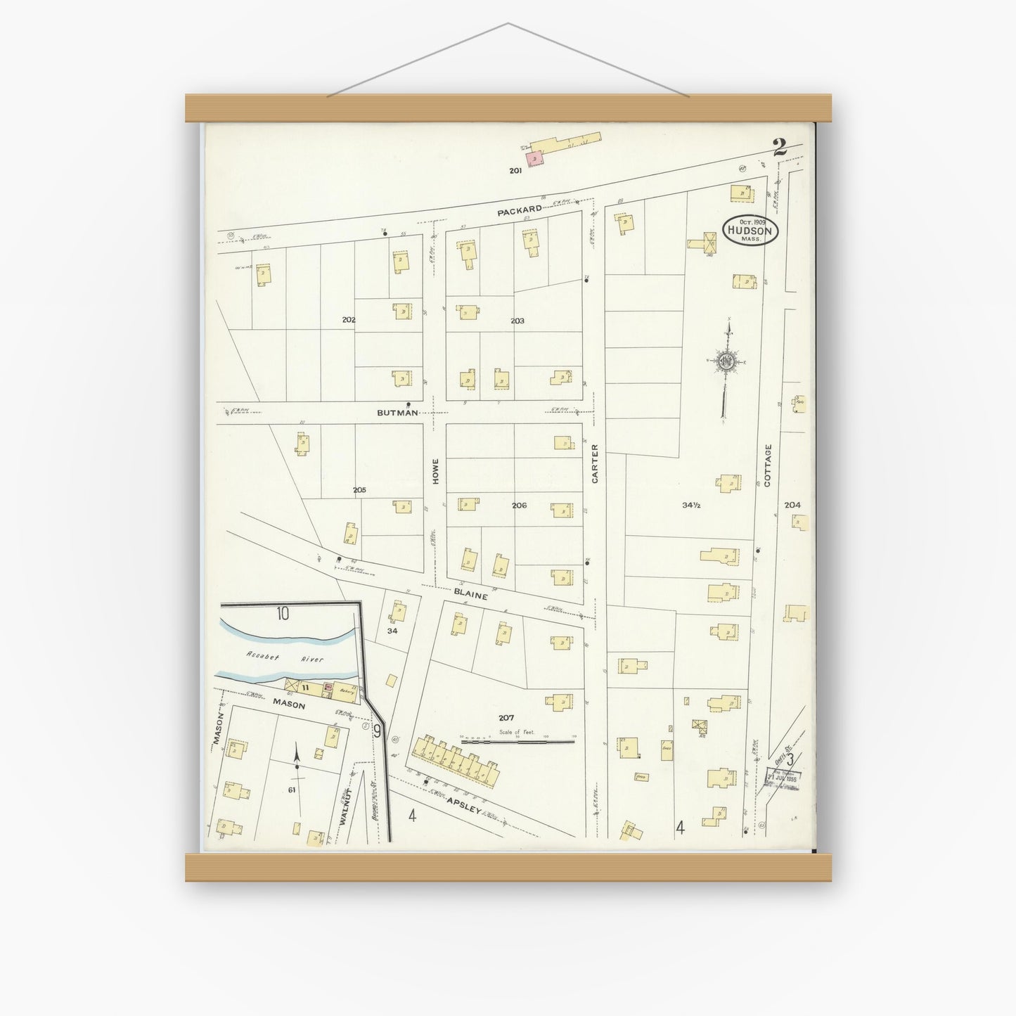 Old map wall art mockup — magnetic wood frame on white wall — Sanborn Fire Insurance Map from Hudson, Middlesex County, Massachusetts (1909), Sheet #0002
