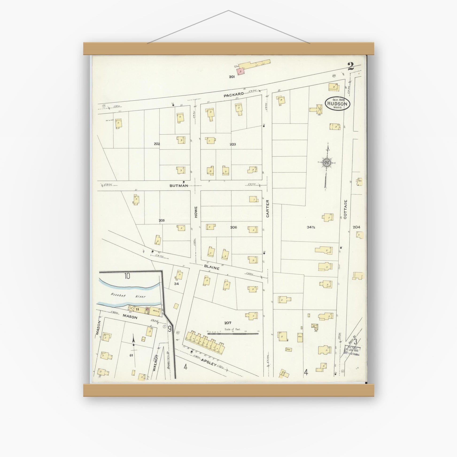 Old map wall art mockup — magnetic wood frame on white wall — Sanborn Fire Insurance Map from Hudson, Middlesex County, Massachusetts (1909), Sheet #0002