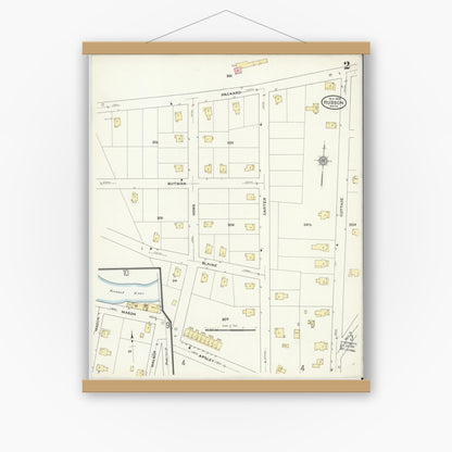 Old map wall art mockup — magnetic wood frame on white wall — Sanborn Fire Insurance Map from Hudson, Middlesex County, Massachusetts (1909), Sheet #0002