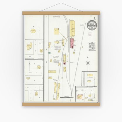 Old map wall art mockup — magnetic wood frame on white wall — Sanborn Fire Insurance Map from Midlothian, Ellis County, Texas (1904) - Complete Map Set