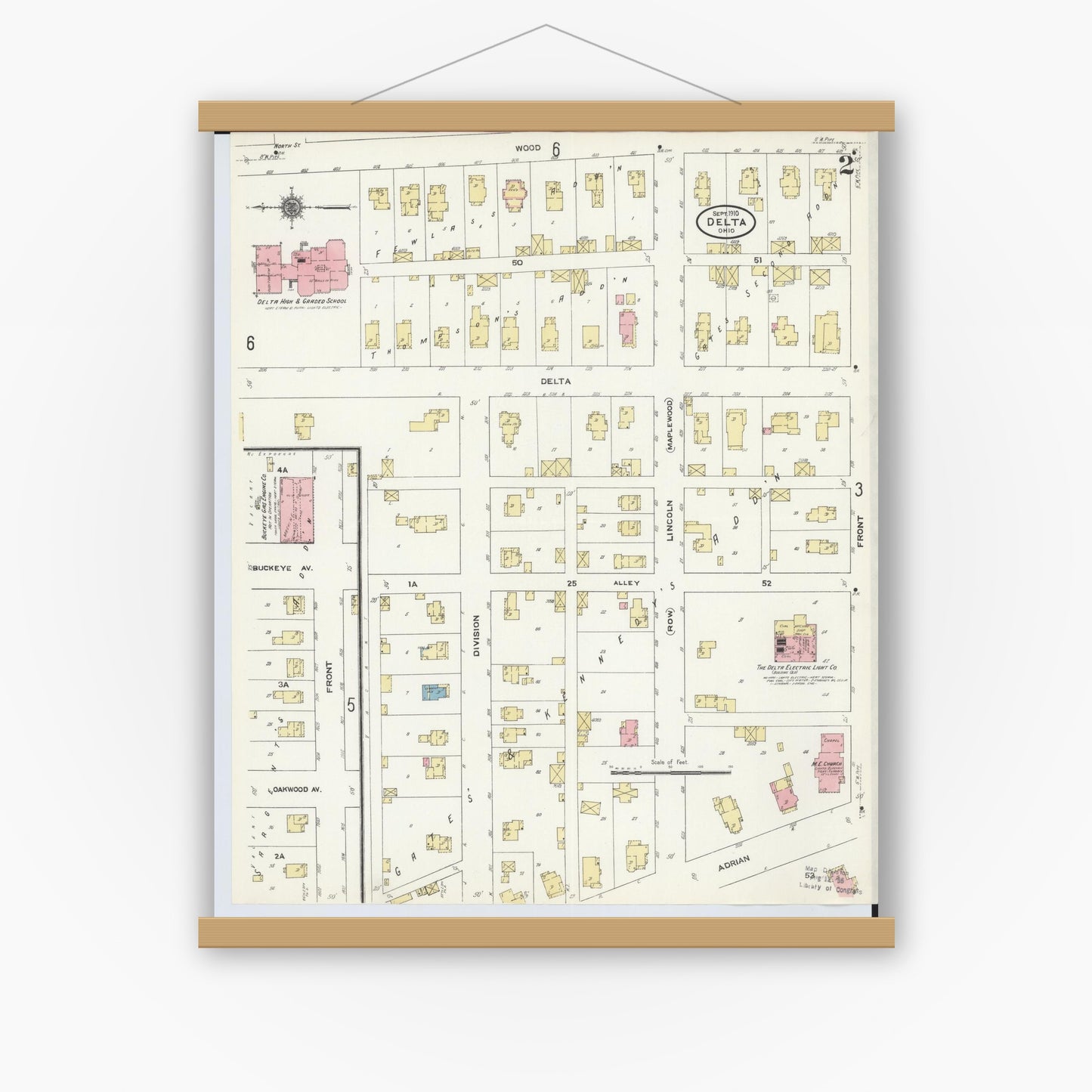 Old map wall art mockup — magnetic wood frame on white wall — Sanborn Fire Insurance Map from Delta, Fulton County, Ohio (1905), Sheet #0006