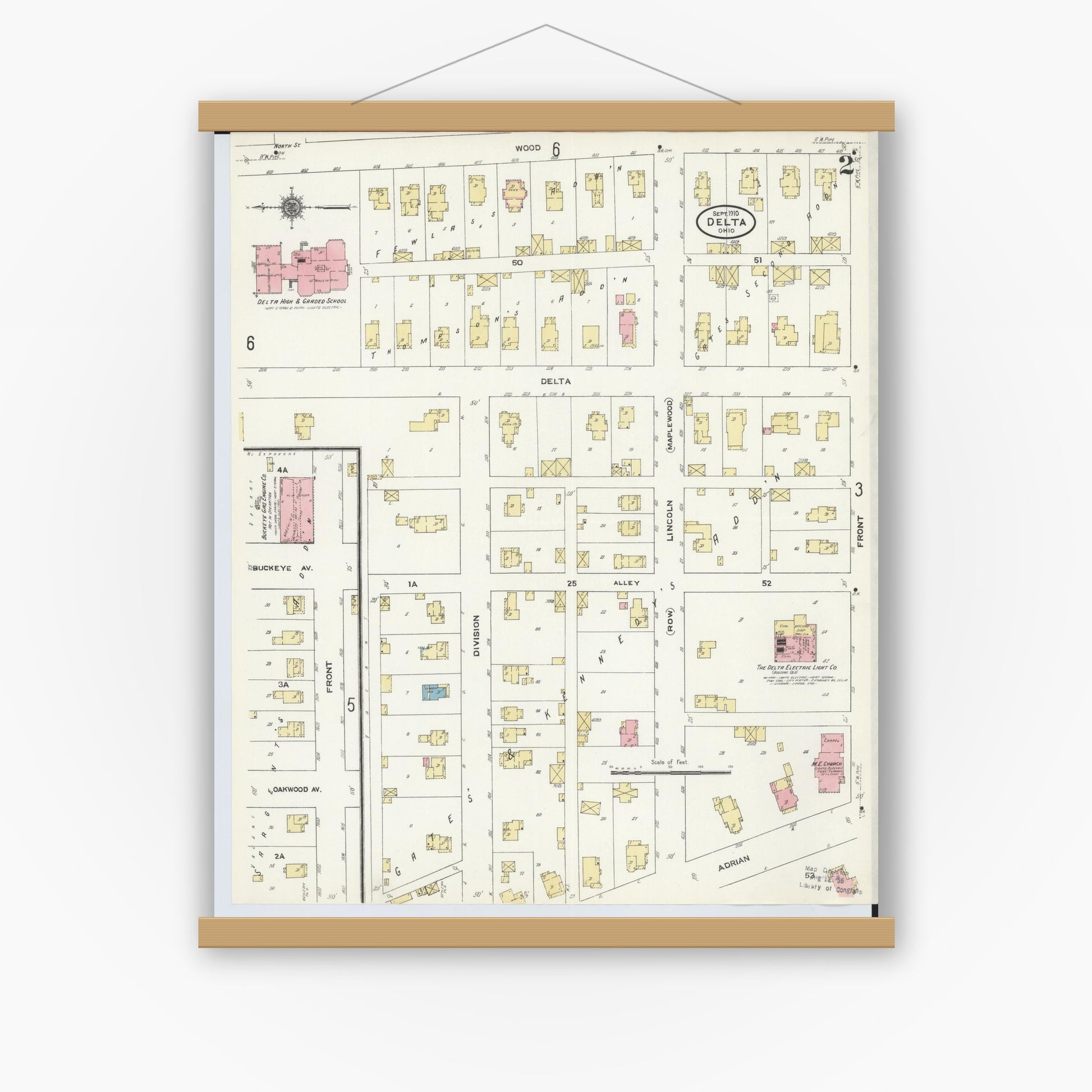 Old map wall art mockup — magnetic wood frame on white wall — Sanborn Fire Insurance Map from Delta, Fulton County, Ohio (1905), Sheet #0006