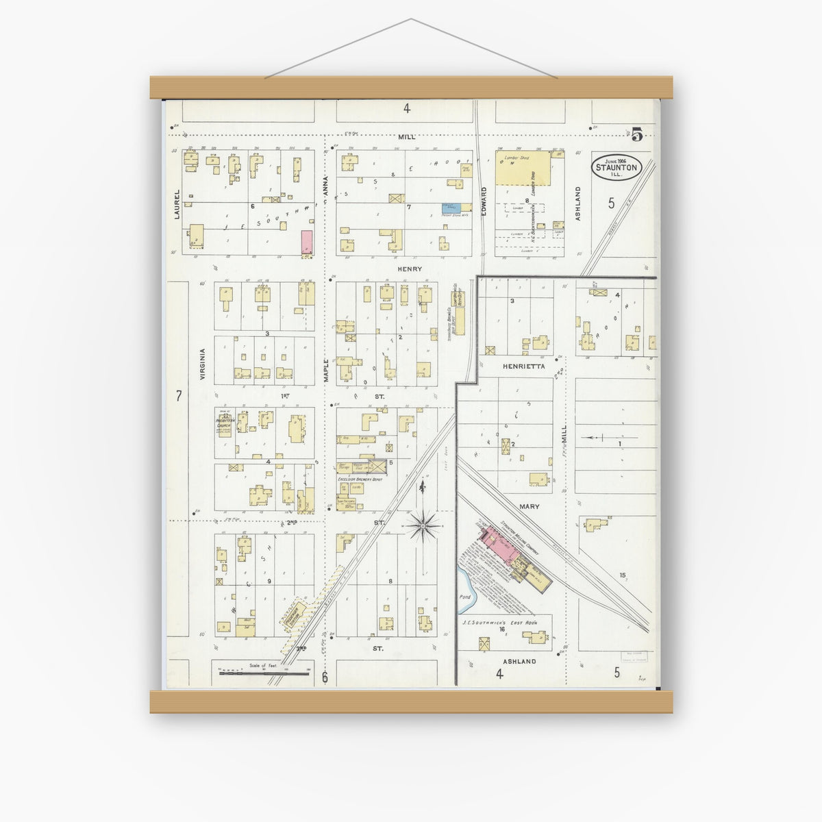 Old map wall art mockup — magnetic wood frame on white wall — Sanborn Fire Insurance Map from Staunton, Macoupin County, Illinois (1906), Sheet #0005