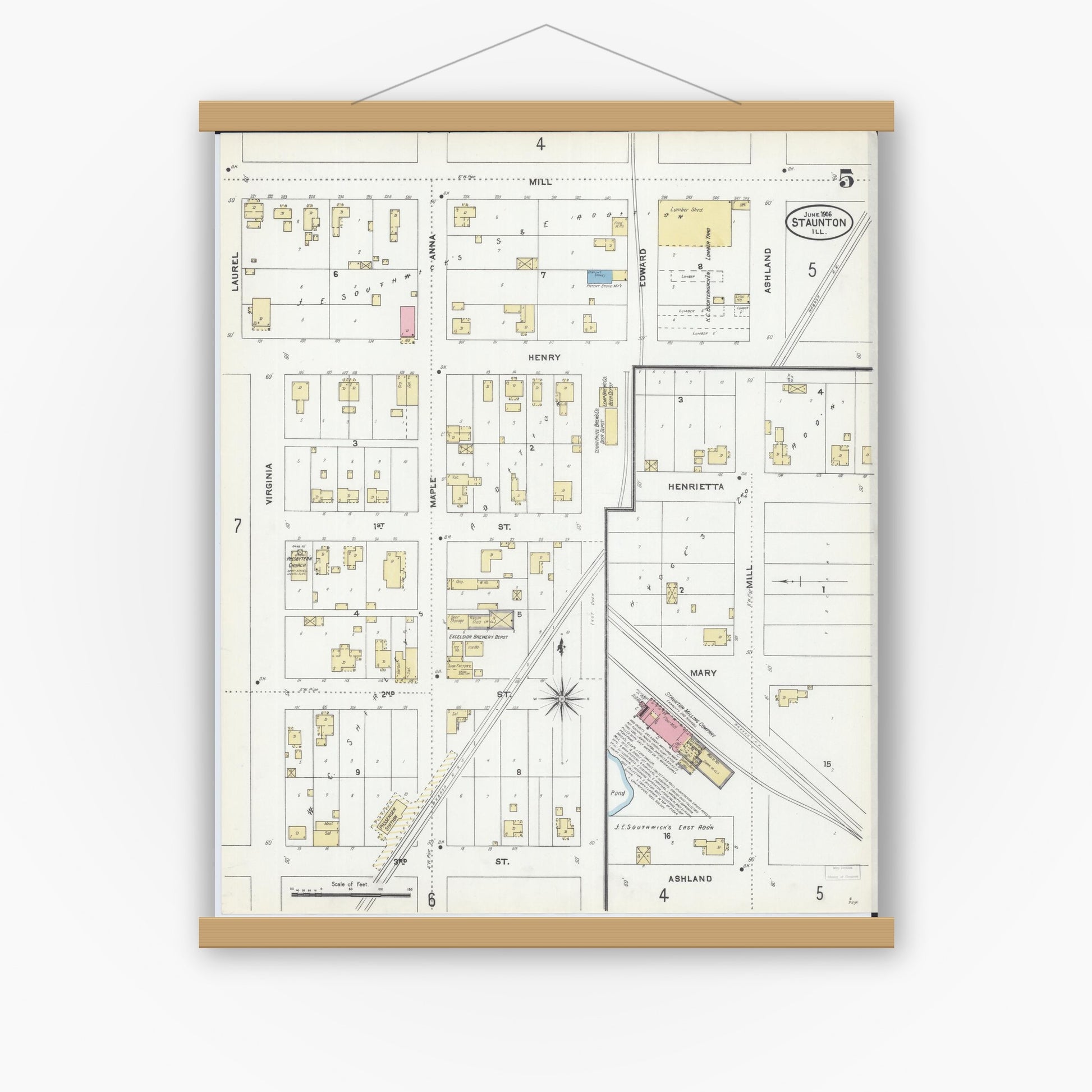 Old map wall art mockup — magnetic wood frame on white wall — Sanborn Fire Insurance Map from Staunton, Macoupin County, Illinois (1906), Sheet #0005