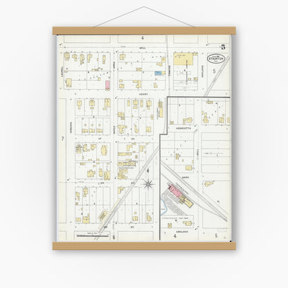 Old map wall art mockup — magnetic wood frame on white wall — Sanborn Fire Insurance Map from Staunton, Macoupin County, Illinois (1906), Sheet #0005