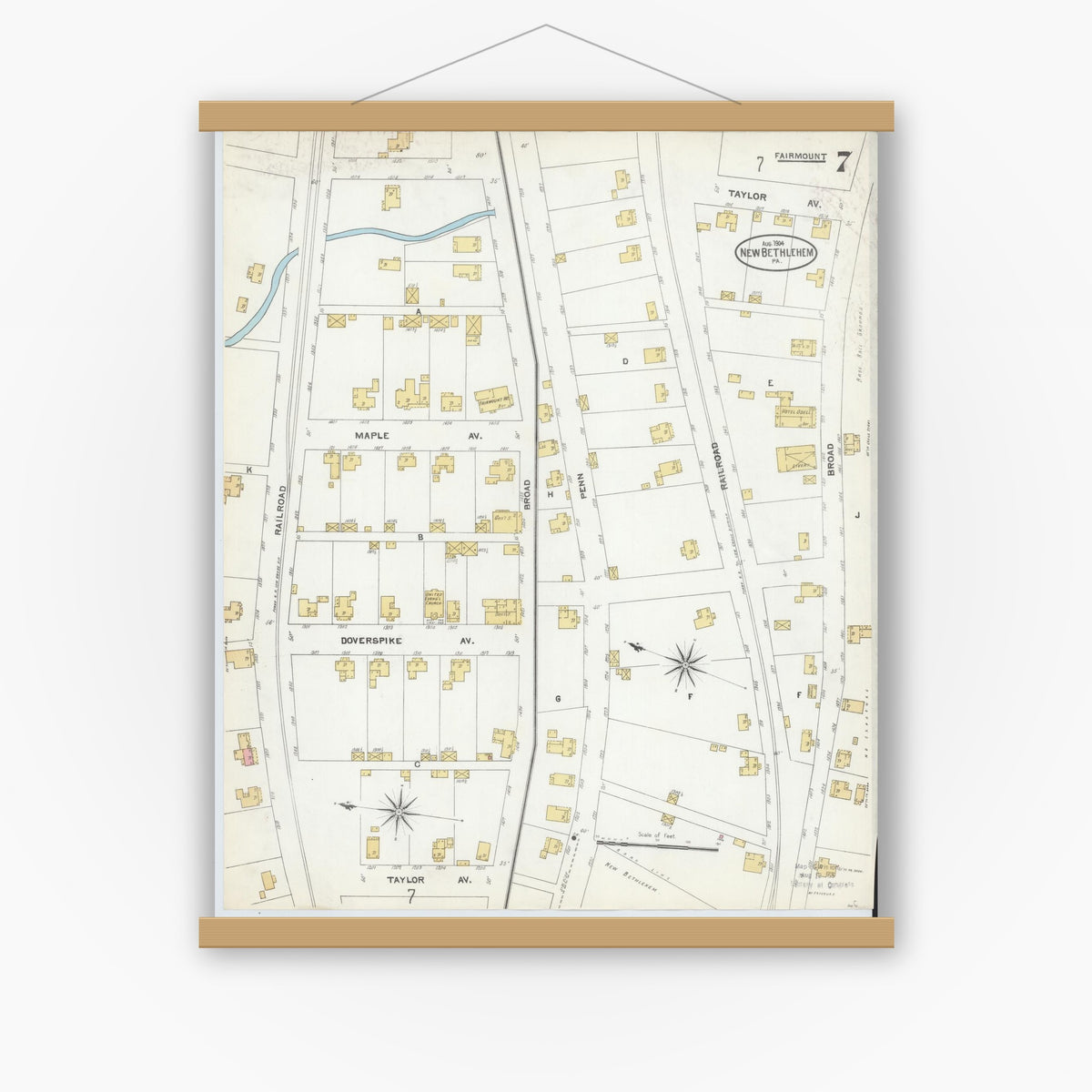 Old map wall art mockup — magnetic wood frame on white wall — Sanborn Fire Insurance Map from New Bethlehem, Clarion County, Pennsylvania (1904), Sheet #0007