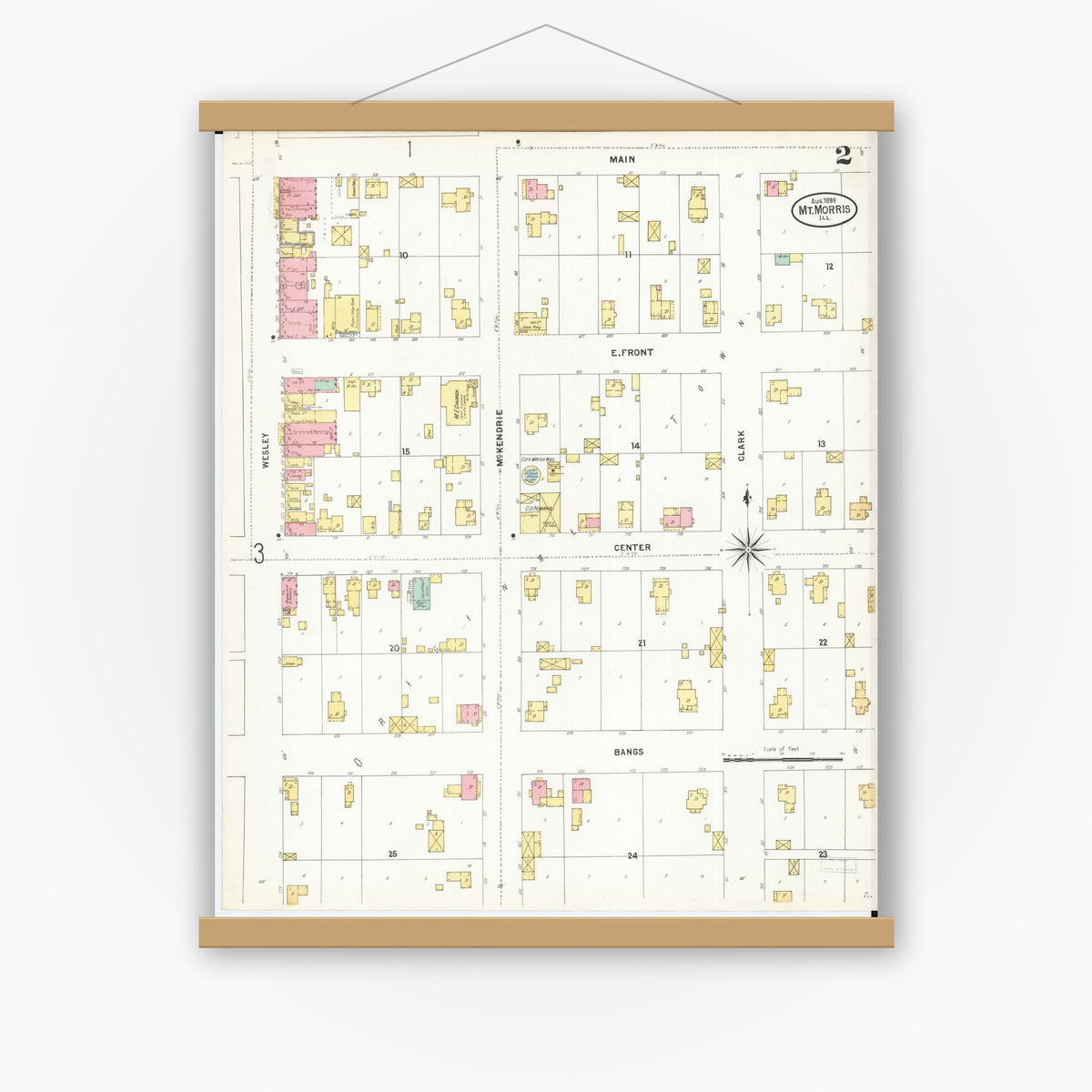 Old map wall art mockup — magnetic wood frame on white wall — Sanborn Fire Insurance Map from Mount Morris, Ogle County, Illinois (1899), Sheet #0002