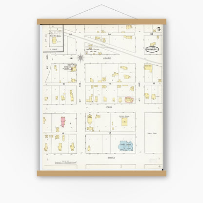 Old map wall art mockup — magnetic wood frame on white wall — Sanborn Fire Insurance Map from Grinnell, Poweshiek County, Iowa (1893), Sheet #0005