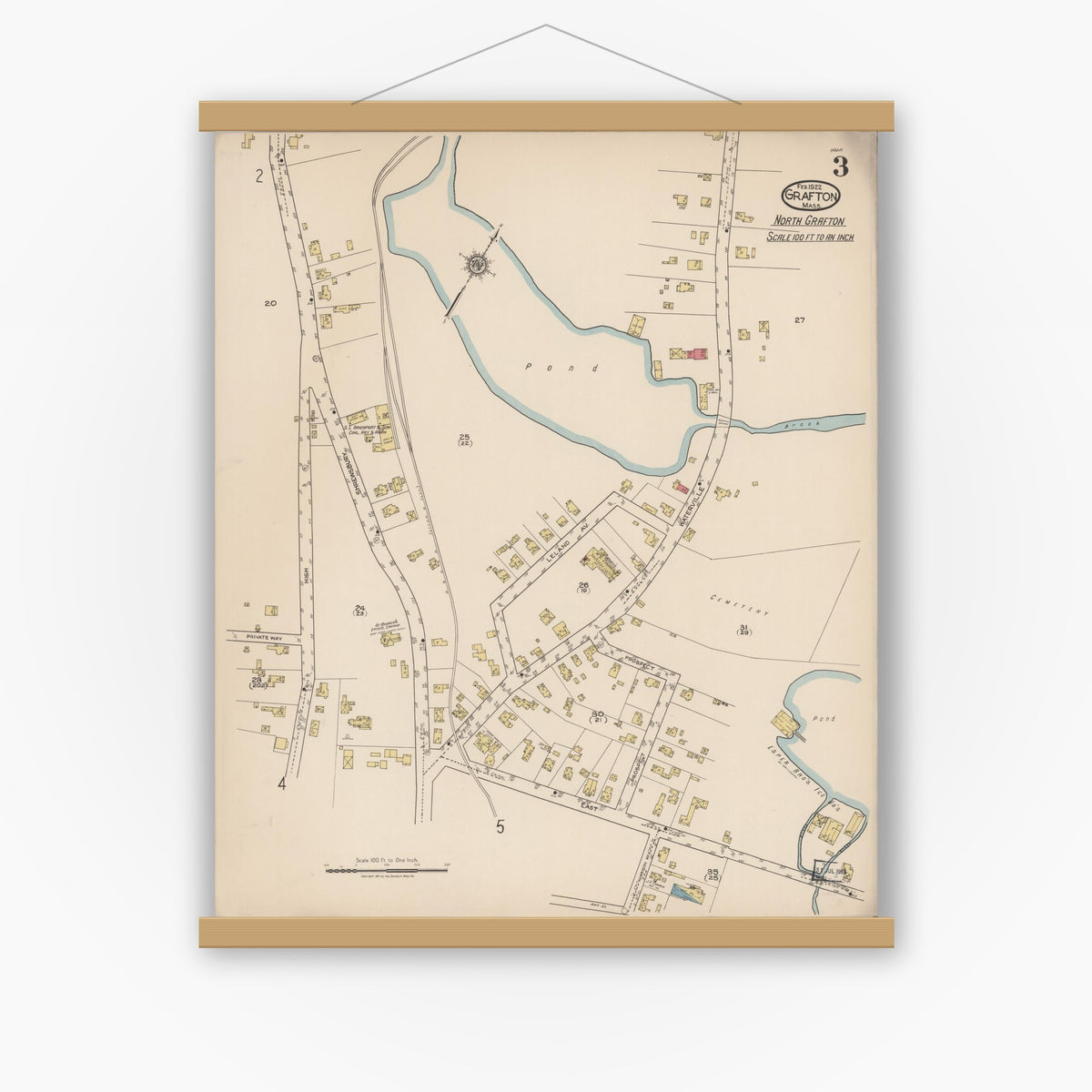 Old map wall art mockup — magnetic wood frame on white wall — Sanborn Fire Insurance Map from Grafton, Worcester County, Massachusetts (1922), Sheet #0003