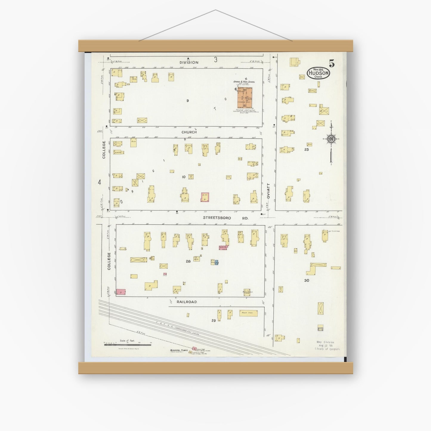 Old map wall art mockup — magnetic wood frame on white wall — Sanborn Fire Insurance Map from Hudson, Summit County, Ohio (1916), Sheet #0005