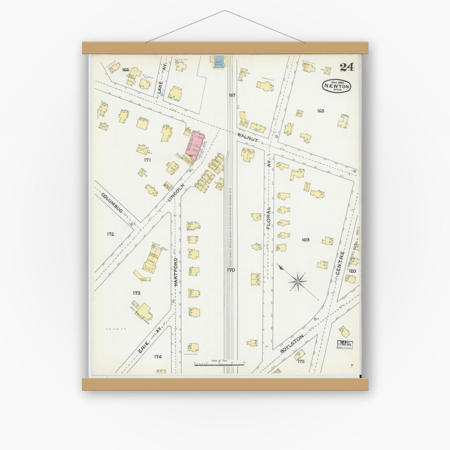 Old map wall art mockup — magnetic wood frame on white wall — Sanborn Fire Insurance Map from Newton, Middlesex County, Massachusetts (1892), Sheet #0024
