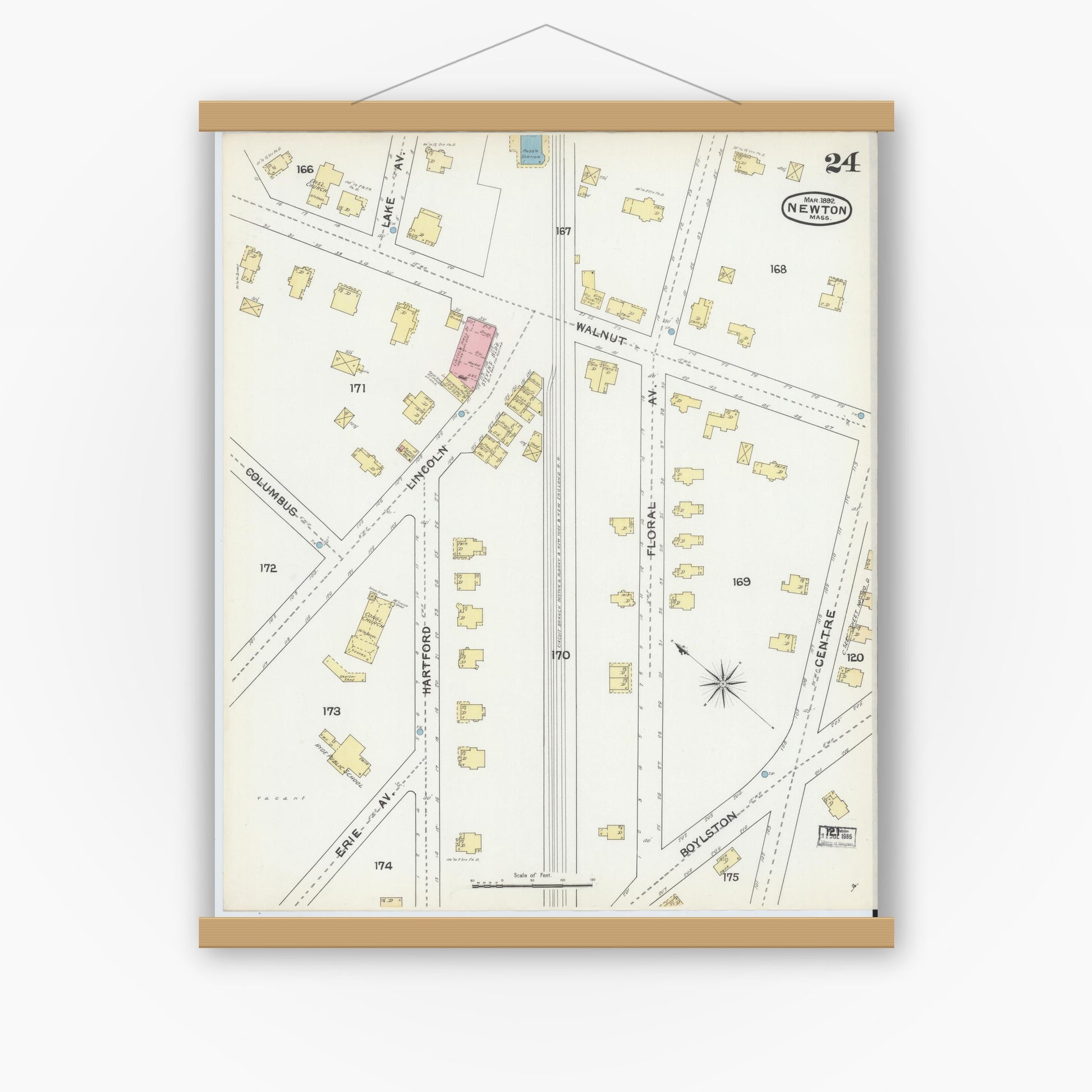 Old map wall art mockup — magnetic wood frame on white wall — Sanborn Fire Insurance Map from Newton, Middlesex County, Massachusetts (1892), Sheet #0024