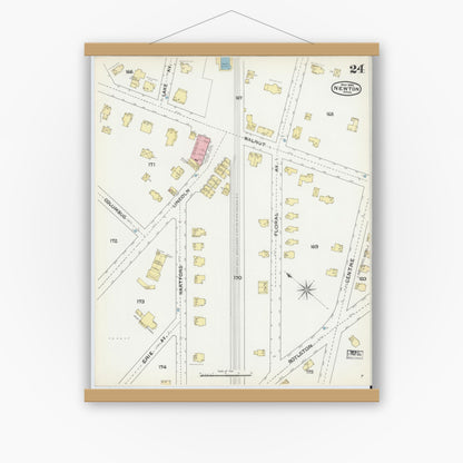 Old map wall art mockup — magnetic wood frame on white wall — Sanborn Fire Insurance Map from Newton, Middlesex County, Massachusetts (1892), Sheet #0024